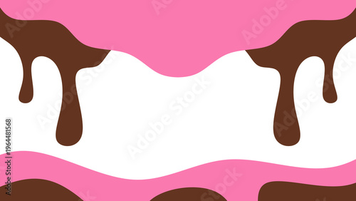 Sweet melting chocolate and pink strawberry icing glaze background. Melted syrup or dripping liquid sauce. Minimalist sweet chocolate and strawberry pink background. Minimalist wavy background.