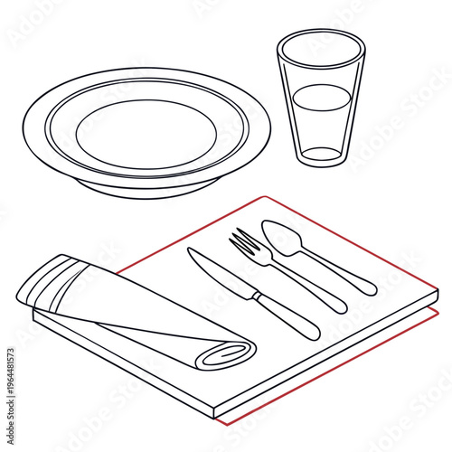 Table setting illustration: plate, glass, napkin, and cutlery, line art