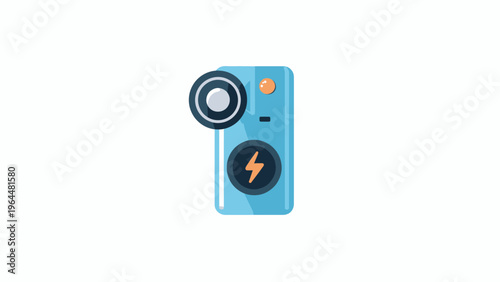 A flat design illustration of a light blue portable power bank with a lightning bolt symbol and a circular button on a white background, representing charging technology.