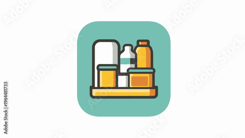 Illustration of assorted containers and bottles on a shelf, representing storage and organization solutions for household items