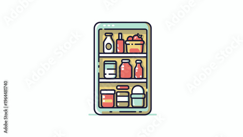 Neatly organized vector icon of a refrigerator full of diverse healthy food items, including fresh produce, dairy, and essential kitchen supplies
