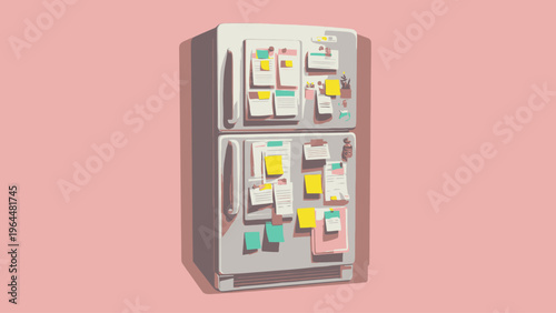 A 3D illustration of a white refrigerator adorned with various notes and reminders, set against a soft pink background