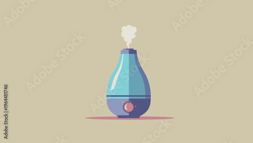 Flat vector illustration of a teal and pink ultrasonic humidifier emitting a stream of vapor