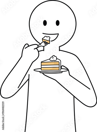 Person joyfully eats a delicious slice of cake with a fork.