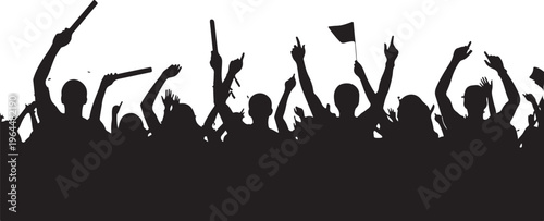 Crowd silhouette, protest crowd, raised hands, black silhouette, vector illustration