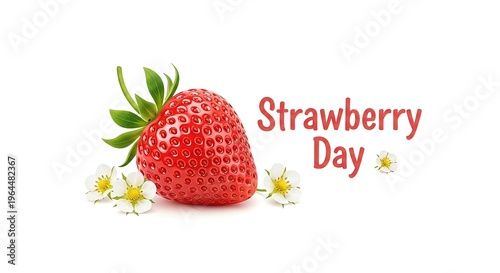 Fresh strawberry with green leaves and flowers.