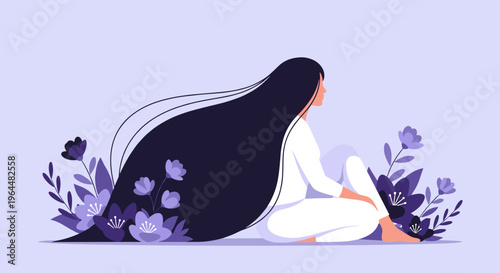 Woman sitting with extremely long black hair on purple floral background