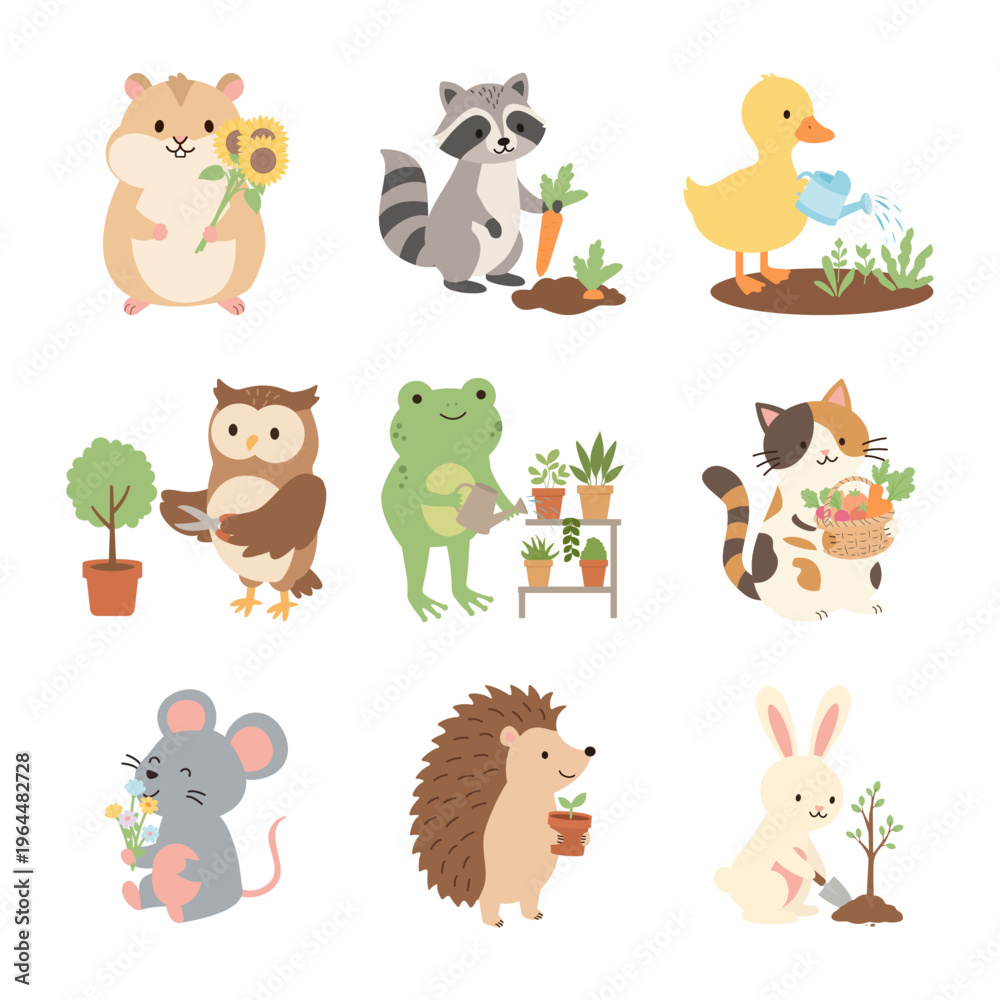 Fototapeta premium Cute animal character set for gardening, planting and growing flowers for kids spring education. Collection of soil care, agriculture and eco farming for healthy, organic lifestyle or sustainability