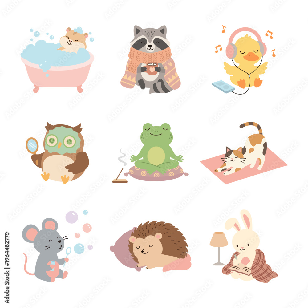 Obraz premium Cute animal character set for self care, relaxation and wellness or mindfulness in kids education. Cozy lifestyle collection with yoga meditation, skincare and journaling for rest and mental health