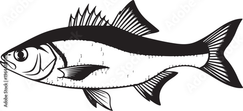 Black and white fish illustration, vector seafood icon, monochrome fishing symbol, marine wildlife graphic