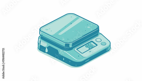 Digital kitchen scale with a display showing numbers, isometric illustration of a weighing device