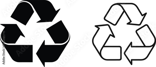 Black and white recycle symbol line art and solid version recycling arrow icon design.
