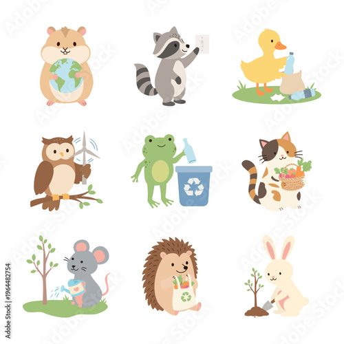 Cute animal character set for eco sustainability, environmental awareness and recycling or renewable energy. Collection of zero waste, nature conservation and green living cartoons for kids education