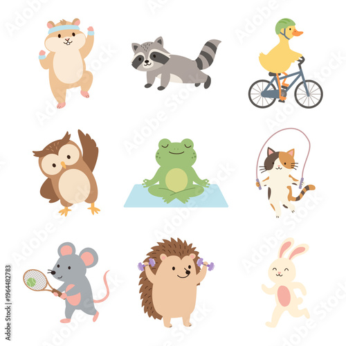 Cute animal character set for exercise, healthy habits and fitness workout or yoga. Collection of running, cycling and gym training or active lifestyle and sport activity for kids wellness education