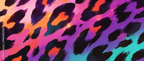 Vibrant abstract leopard print pattern with bold brush strokes and neon colors
