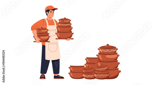 Ceramic Artisan and Pottery Collection: A skilled ceramic artisan proudly displays an array of handcrafted pottery, highlighting traditional craftsmanship.