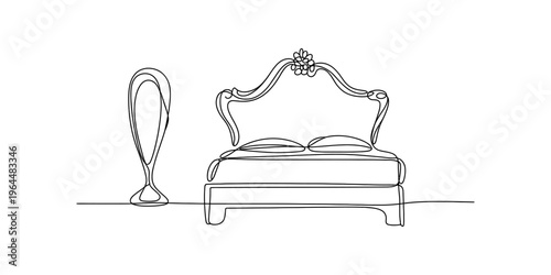 Minimalist continuous line drawing of a classic elegant bed and a modern floor lamp furniture Vector, illustration