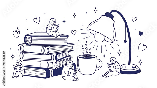 Reading Nook: Cozy Illustration: A charming illustration depicts several figures immersed in the pages of a book, accompanied by a stack of books, a lamp, and a steaming cup.