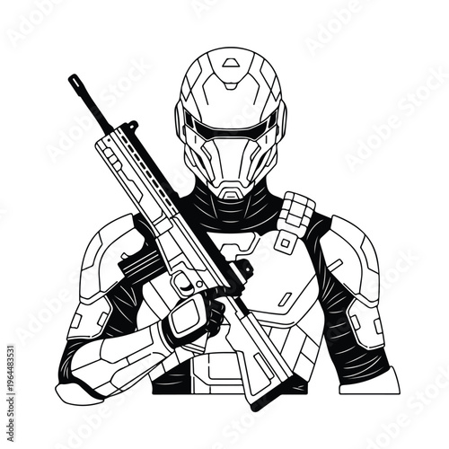 Futuristic soldier in armor holding a rifle in a combat stance