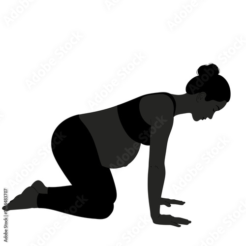 Silhouette of a pregnant woman doing yoga on a white background.