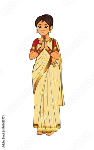 Indian Woman in Traditional Saree Doing Namaste Gesture Vector Illustration