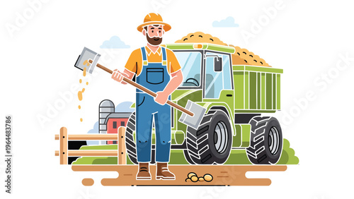 Farmer and Tractor: A dedicated farmer stands beside a tractor filled with harvest, embodying the spirit of labor and the bounty of the land.