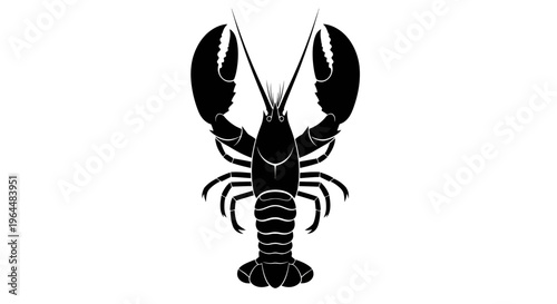 Black silhouette of a detailed lobster with claws raised, isolated on a white background, vector illustration