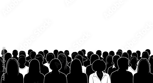 Diverse crowd of people silhouettes in black and white, flat design vector illustration
