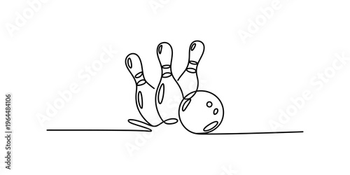 A single continuous line drawing of bowling pins being struck by a rolling heavy bowling ball. Vector, illustration