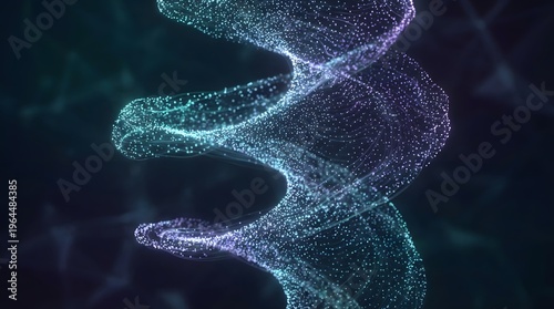 An abstract glowing helix made of luminous blue and purple particles swirls dynamically against a dark digital backdrop