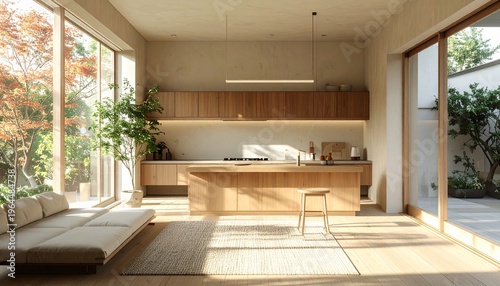 Sunlit Modern Kitchen with Wood Accents and Garden View.
