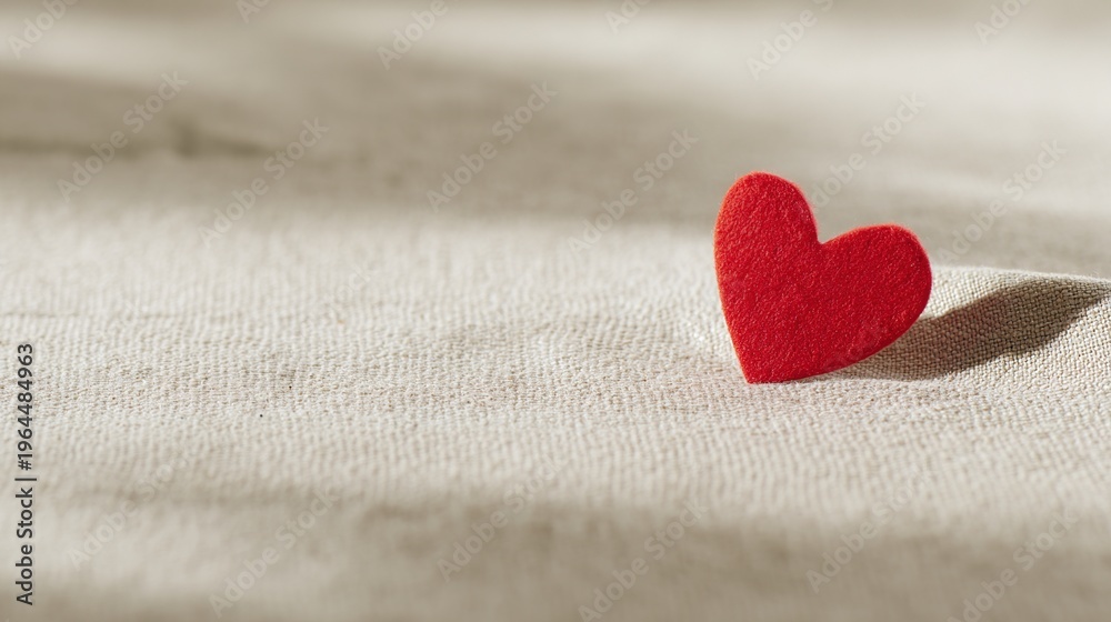 Fototapeta premium adoration. A warm red heart symbol rests on a neutral fabric, surrounded by soft light and ample space. wellbeing guides.