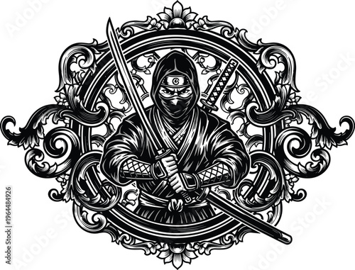 Hand drawn black and white vintage style illustration of a ninja warrior holding a katana sword framed within an ornate decorative floral filigree.