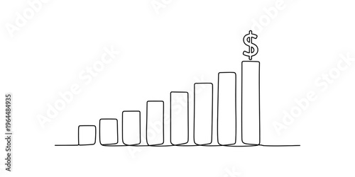 A single continuous line drawing of a growing bar chart with a dollar symbol on the tallest bar. Vector, illustration