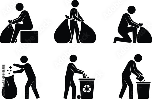 Flat vector stick figure icon set depicting people collecting trash in bags and disposing of waste into recycling bins for environmental cleanliness and sustainability.