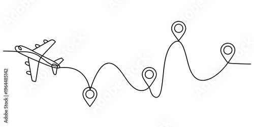 Continuous line drawing of an airplane traveling through multiple destination location pin points