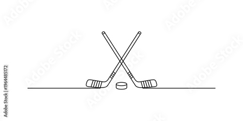 Minimalist black and white line art illustration featuring two crossed ice hockey sticks and puck Vector, illustration