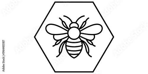 A black and white line art illustration of a honey bee centered inside a bold hexagonal frame.