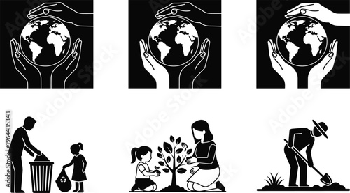 Flat vector illustration set featuring hands protecting the earth, people recycling waste, planting trees, and gardening to promote environmental conservation and ecological sustainability awareness.