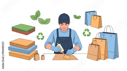Eco-Packaging Artisan: A dedicated artisan meticulously crafts eco-friendly packaging, surrounded by sustainable materials and products. Witness the art of responsible creation.