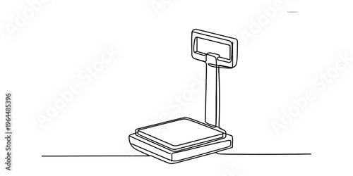 A single continuous line drawing of a digital weighing scale used for measuring food or products. Vector, illustration