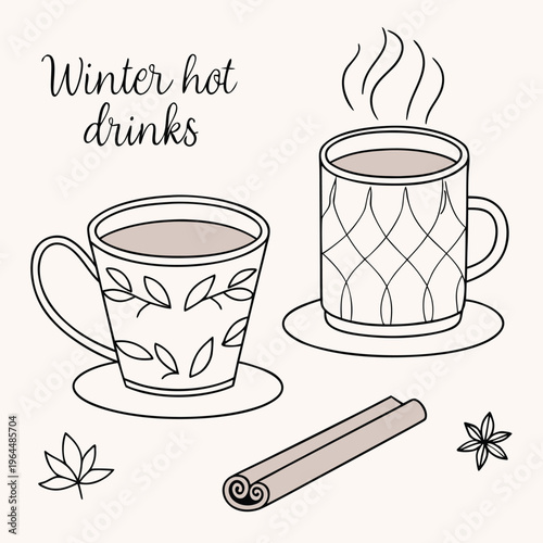 Cozy winter hot drinks and spices hand-drawn outline illustration with cozy home