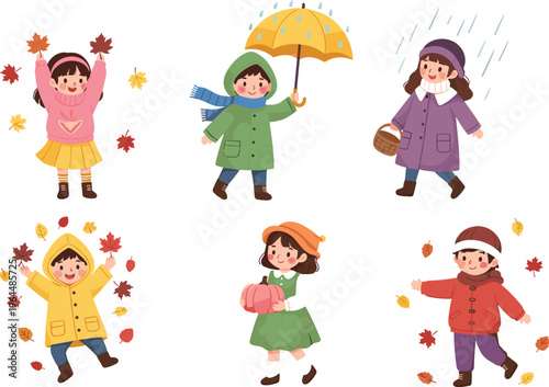 Cute autumn season vector illustration set featuring children playing with falling leaves, holding pumpkins, and walking with umbrellas in the rain for seasonal designs.