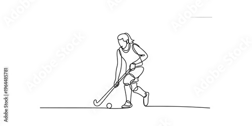 Continuous single line drawing of a young woman playing field hockey with a stick and a ball Vector, illustration