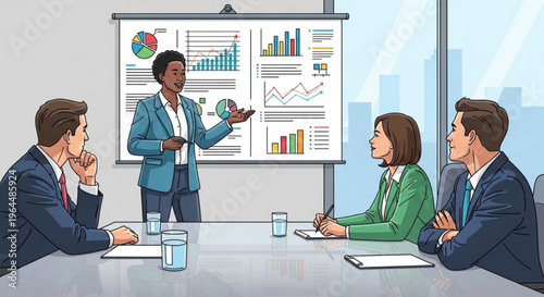 Businesswoman presenting data charts to colleagues in a meeting room with city view