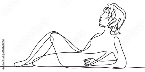 A minimalist single line drawing illustration of a relaxed woman reclining on a flat surface area.
