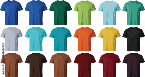 A collection of various colorful blank t-shirt templates in different shades and tones isolated on a white background for apparel design and branding mockups.