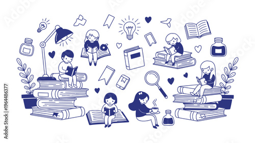 Reading Nook: a whimsical illustration depicts individuals of all ages engrossed in the magic of books, surrounded by reading essentials, symbolizing the joy of knowledge and lifelong learning.