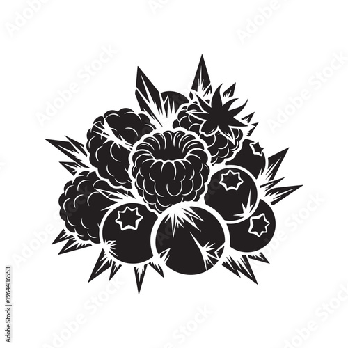 Blackberries and blackcurrants in a stylized illustration