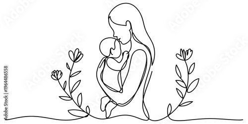 A beautiful continuous line art illustration of a loving mother gently holding her baby child.